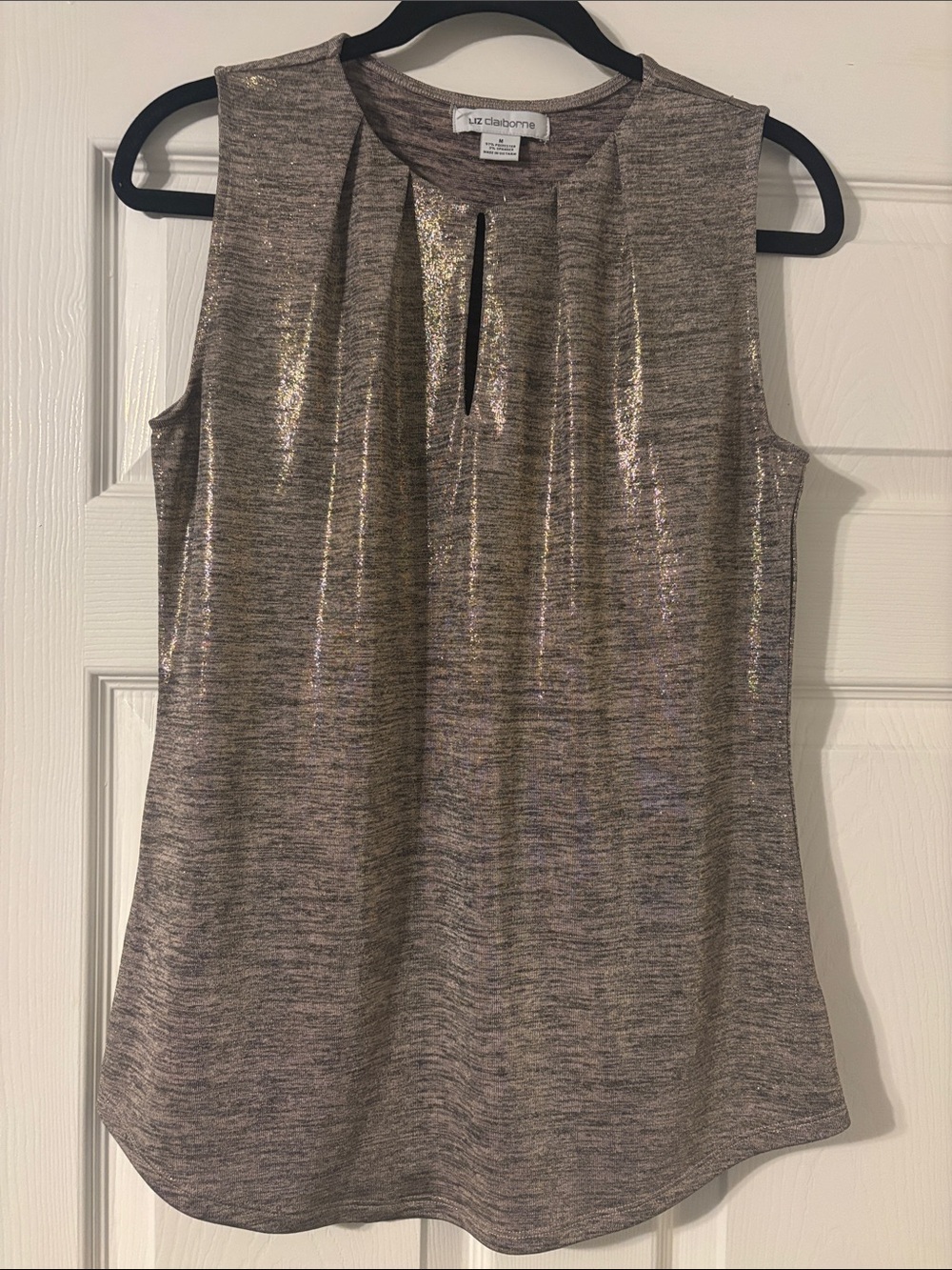 Liz Claiborne Shimmer Split V-Neck Sleeveless Top - Taupe Metallic